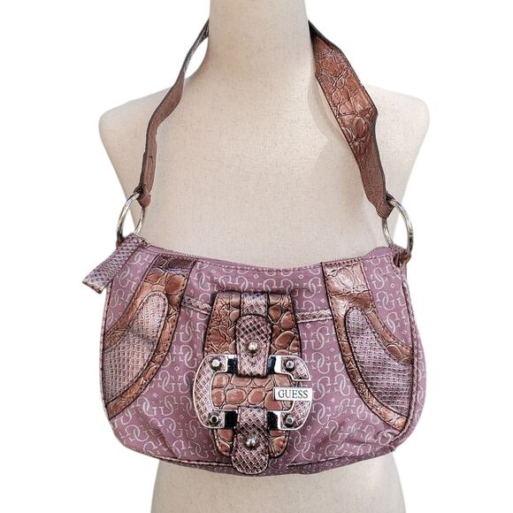 Y2k Guess Vintage Canvas Pink Vegan Snakeskin Shoulder Bag Rare - Picture 1 of 7